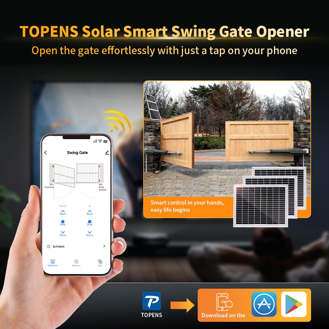 TOPENS XD852S Smart Gate Opener for Heavy Duty Solar Dual Swing Gates Up to 18ft per Arm, Automatic Gate Opener with App Control AC Powered Remote Control Kit Solar Panel Included