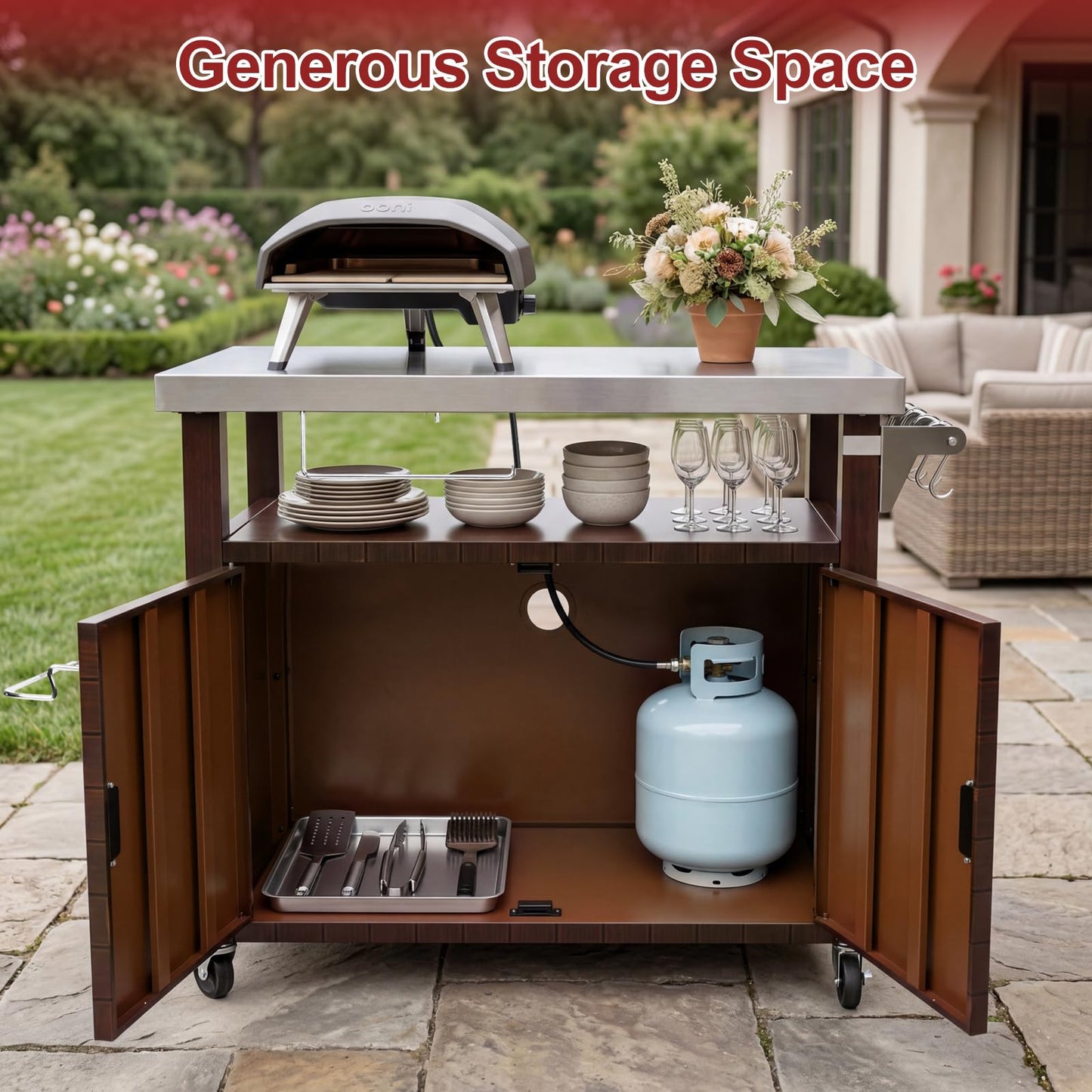 BBQMall Outdoor Grill Cart with Stainless Steel Top & Large Storage Cabinet, Movable Kitchen Island with Wheels for BBQ Food Prep, Pizza Oven Stand 39" x 20" x 35"