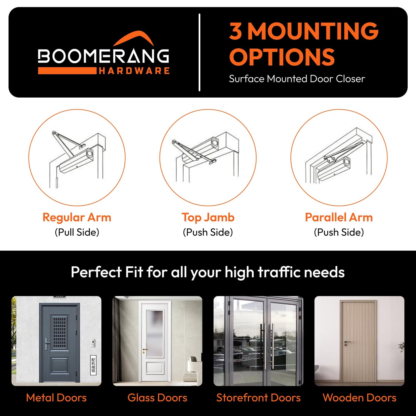 Boomerang D703 Medium-Duty Designer Auto Commercial Door Closer, Multiple Mount Options, Door Closer for Medium/High Traffic Areas, UL 3 Hour Fire Rated, Dark Bronze (US10B)