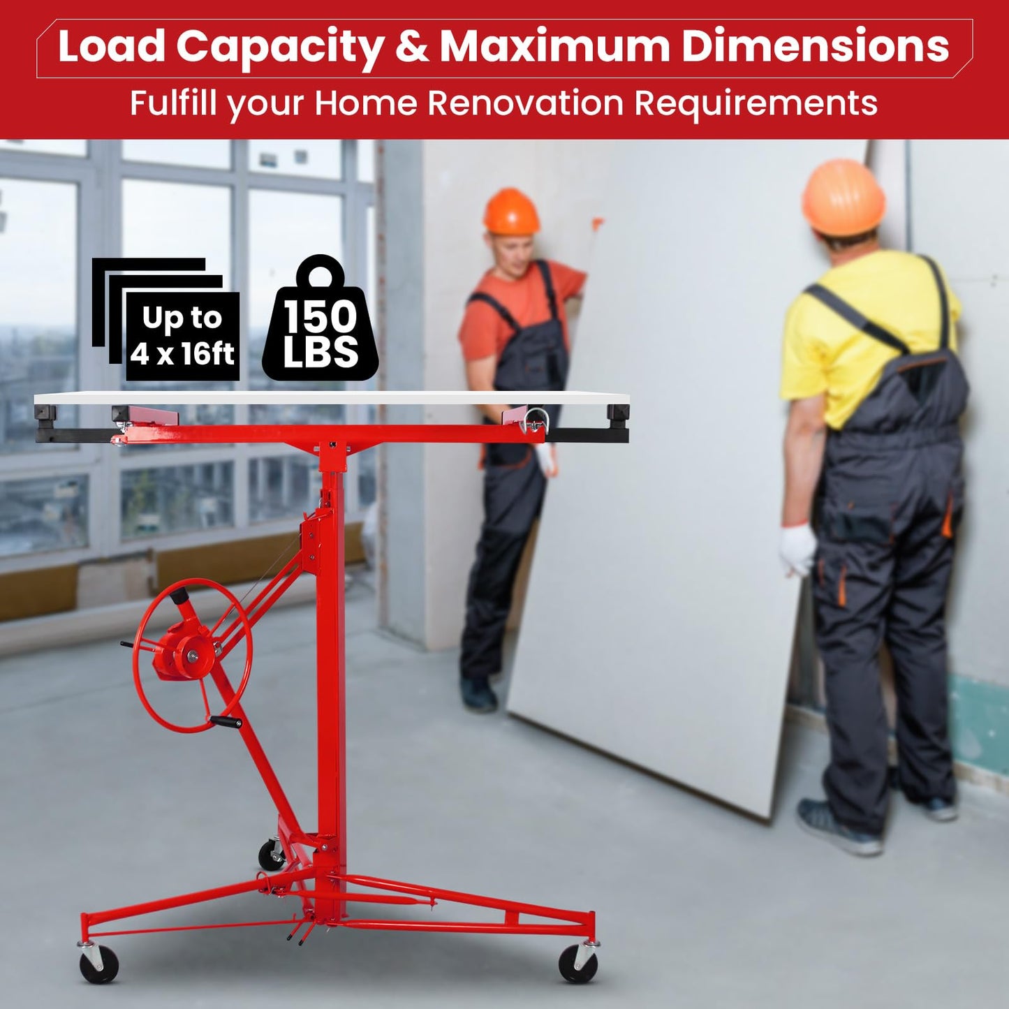 Rovibek Drywall Lift 11 ft Sheetrock Lift Drywall Hoist for Ceiling 360° Adjustable Drywall Lifter Foldable Sheetrock Jack 150lbs Heavy Duty for Home Improvement (Red)