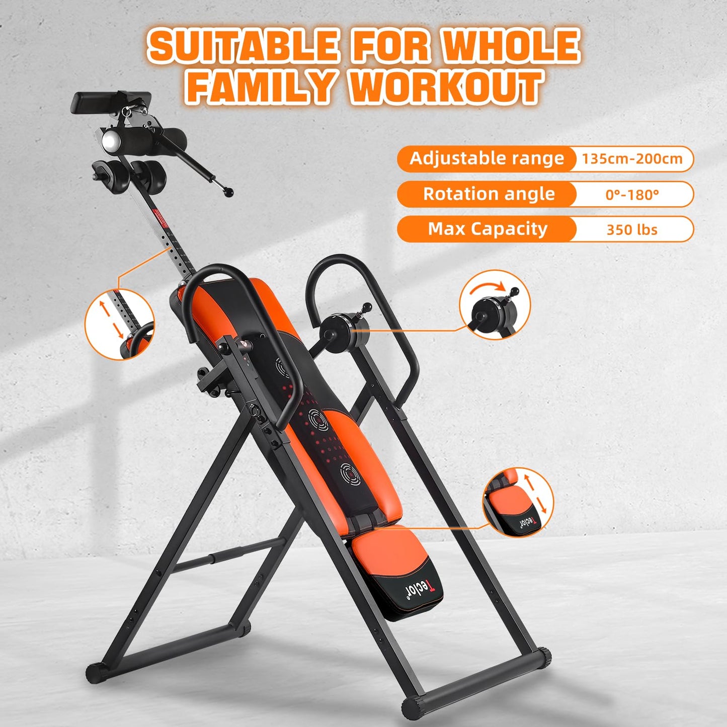 Teclor Inversion Table,Advanced Heat and Massage Function,Strength Training Inversion Table for Back Pain Relief,Heavy Duty Inversion Table 350 lbs Capacity with Wider and Thickened Backrest