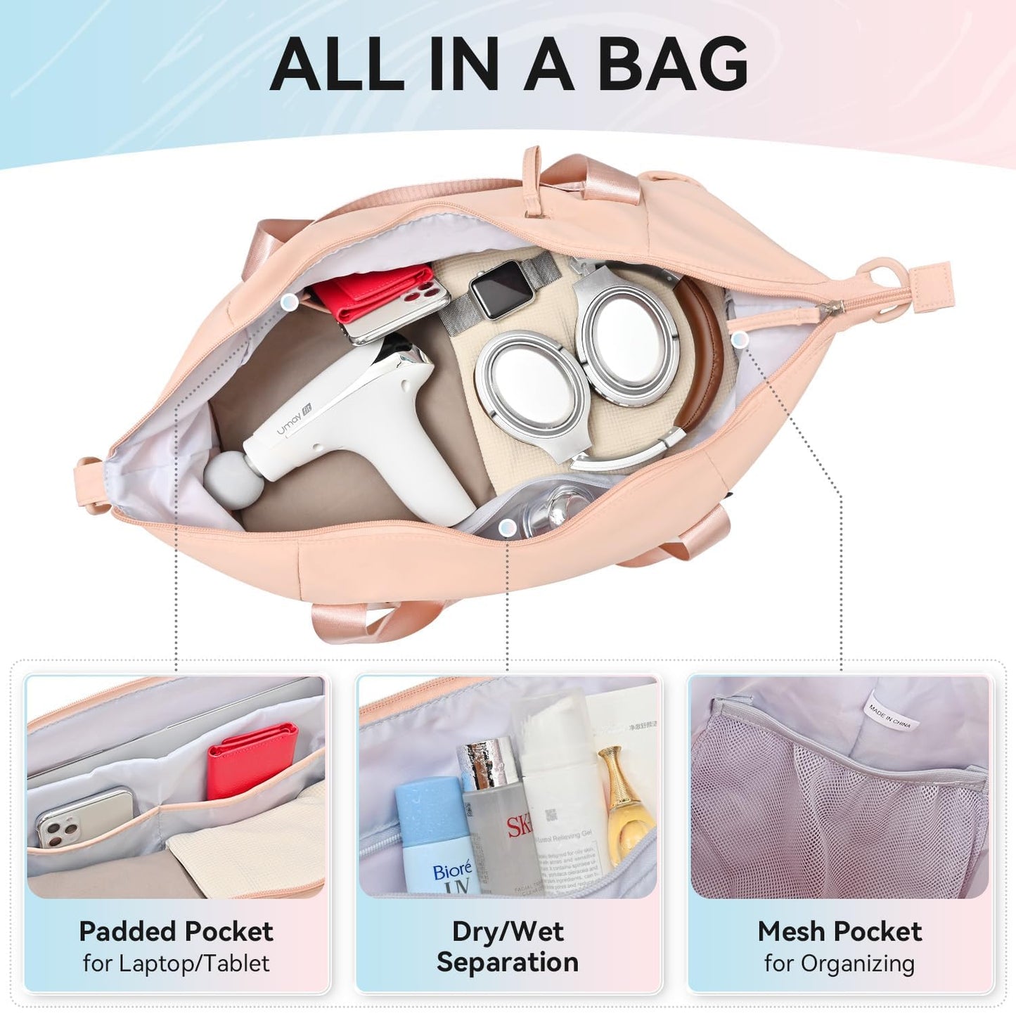 MAXTOP Gym Tote Bag for Women Pink Travel Duffle Bag with Yoga Mat Holder, Ideal for Yoga Accessories Workout Overnight Gymnastics Exercise Dance
