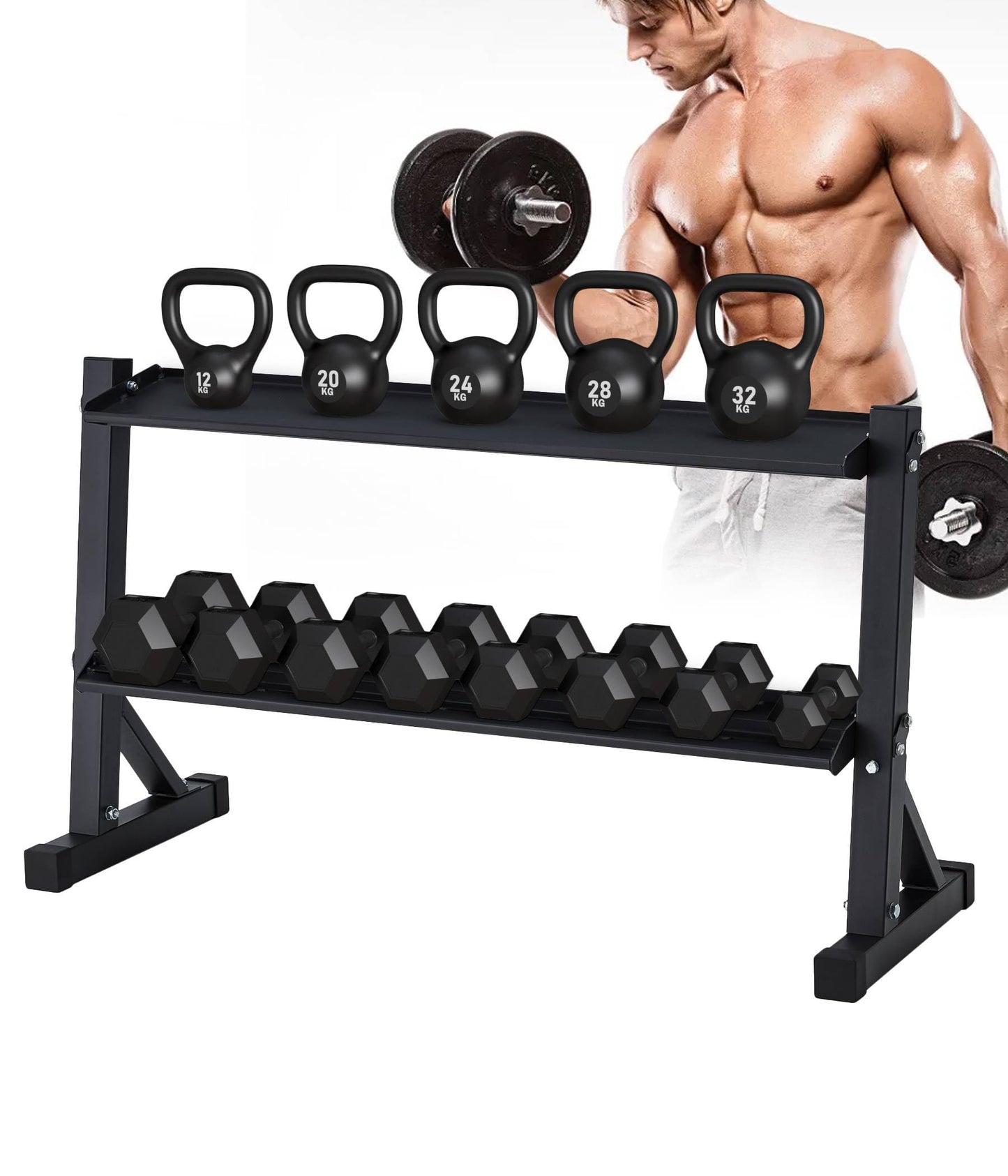 2-Tier Dumbbell Kettlebell Rack, Heavy Duty Steel Frame, 48 x 17.5 x 27.5 Inches, 1000 lbs Weight Capacity, for Kettlebell and Free Weight Storage, Home Gym Organization