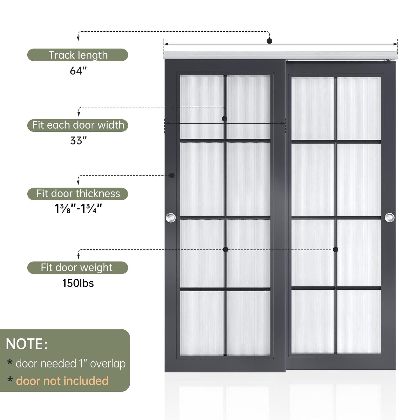 EaseLife 5.3FT/64in Bypass Double Sliding Pocket Door Hardware Kit,Commercial Grade,Aluminum,Bypassing Closet Doors Track for 2 Door System,Slide Smoothly Quietly,Easy Install,No Doors