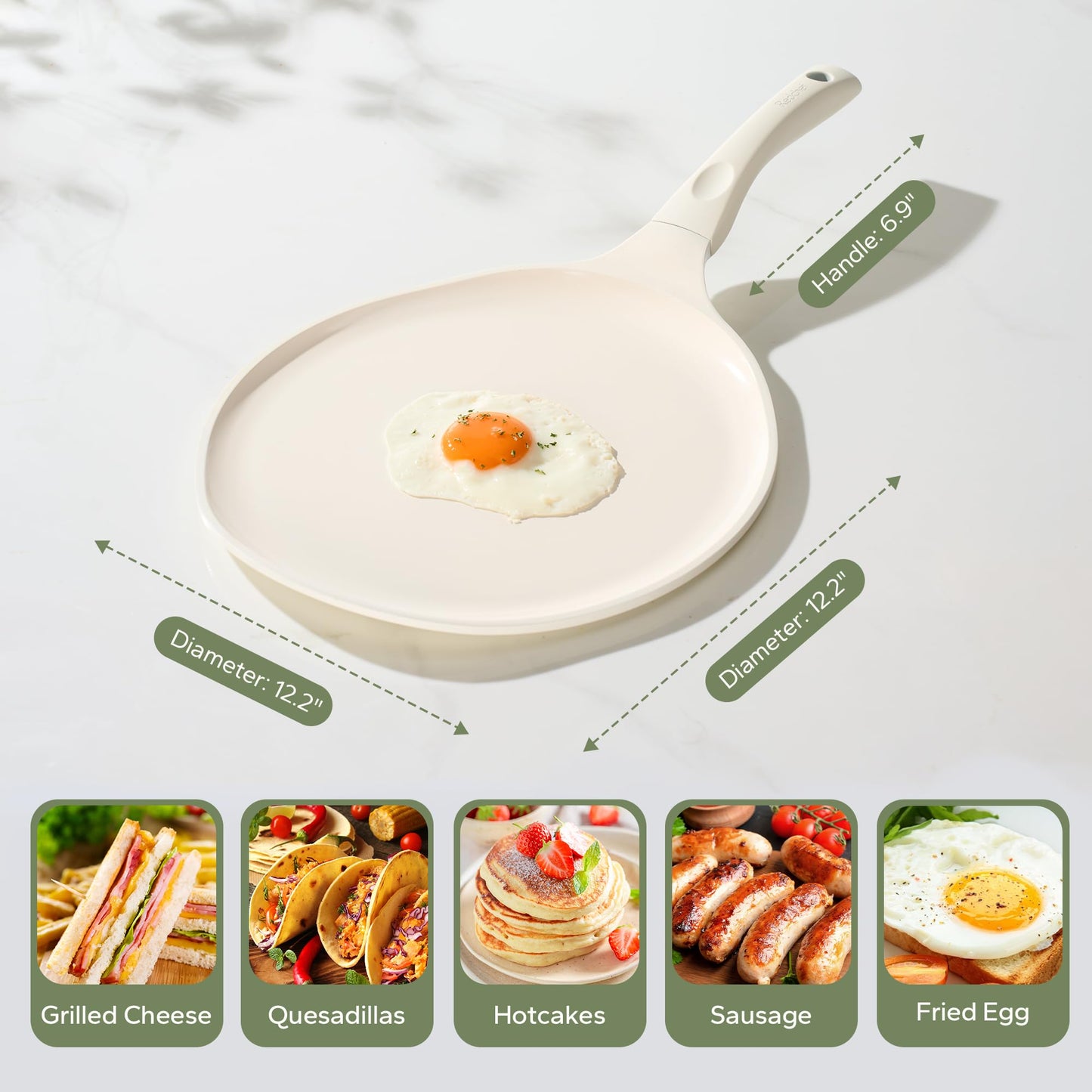 Redchef Nonstick Crepe Pan 12 Inch with Ceramic Coating, Non Stick Flat Skillet, Professional Pancake Griddle Pan, Induction Compatible, PFAS/PFOA/PTFE Free, Stay-Cool Handle (Beige White)