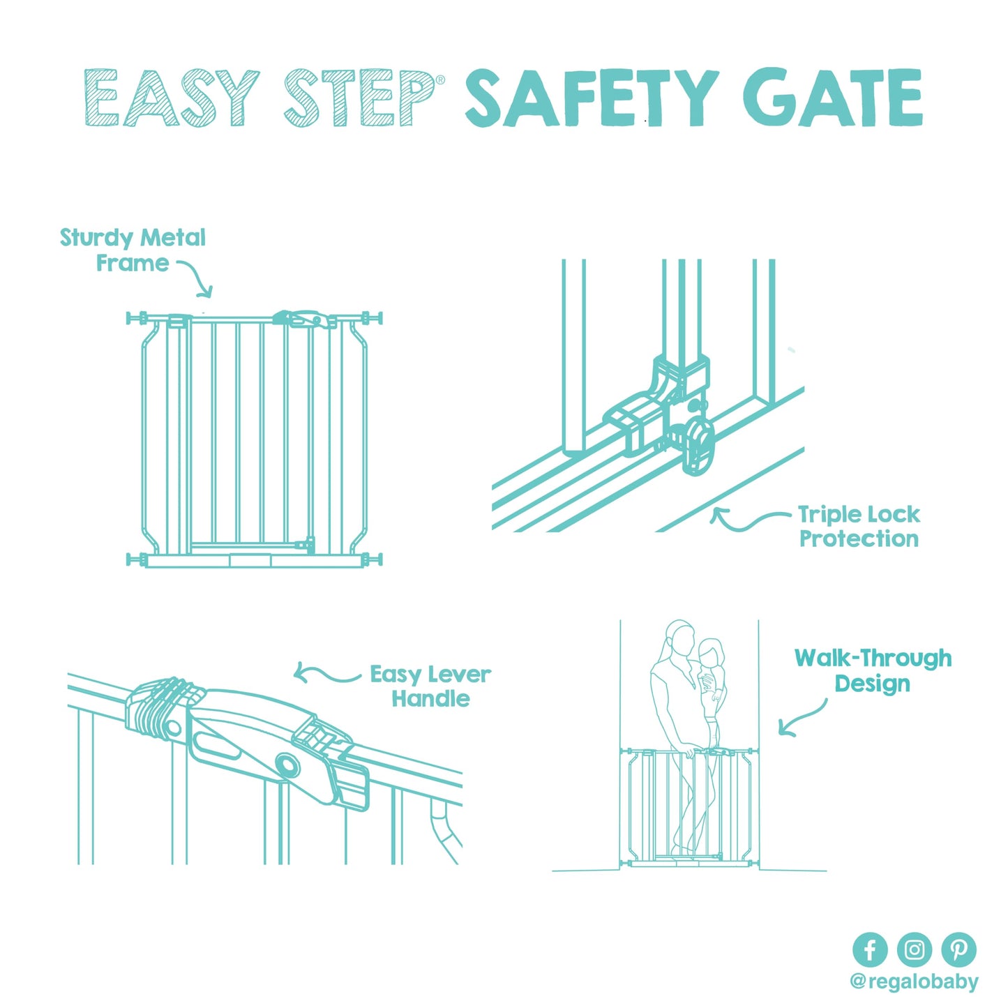 Regalo Safety 29-38.5" Baby Gate for Doorways & Bottom of Stairs, Pressure Mounted Baby Gate with Door for Babies, Toddlers & Pets, Tested & Safe for 30 Years, American Designed, American Owned, White