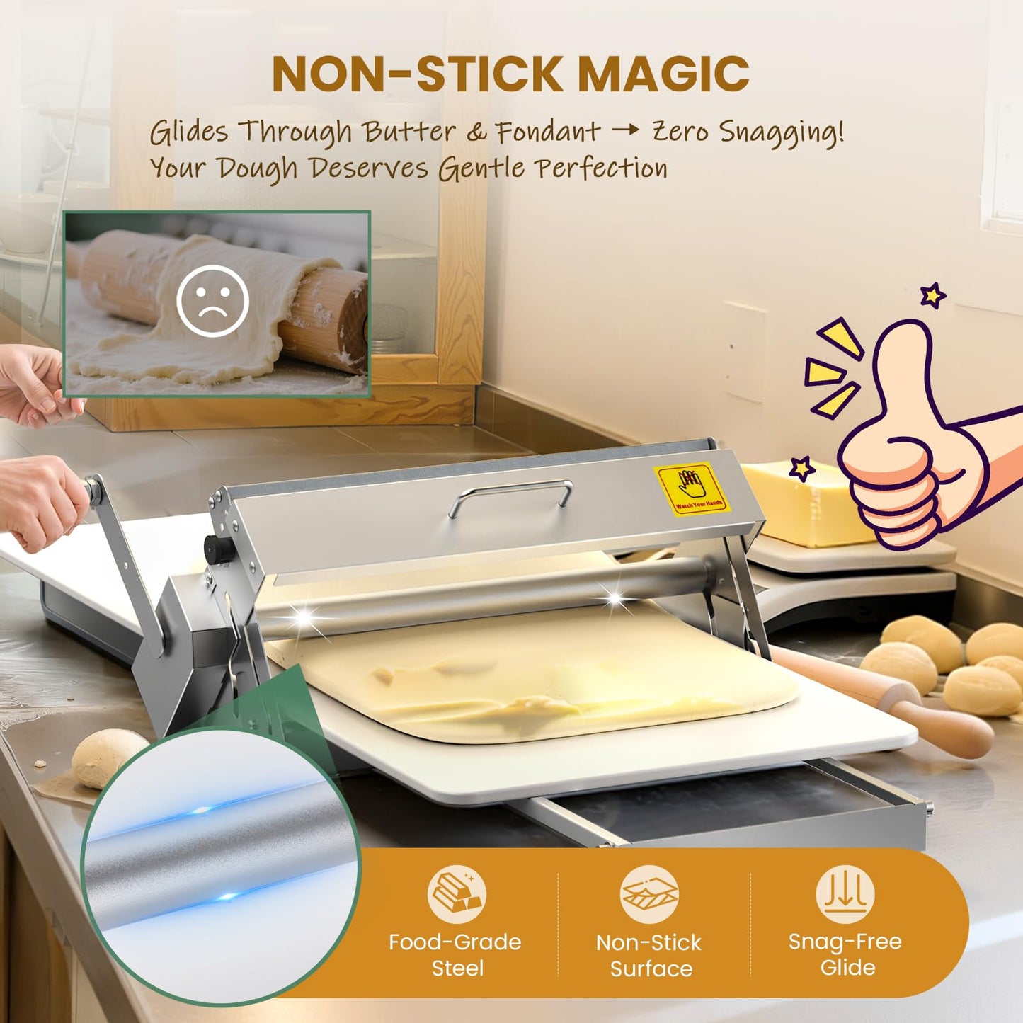 Huanyu Manual Dough Sheeter 15.7”, 10 Adjustable Thickness 0.1mm-17.5mm, Tool-Free Assembly, for Home Bakers & Small Bakeries, Croissant, Pizza, Pasta, Fondant