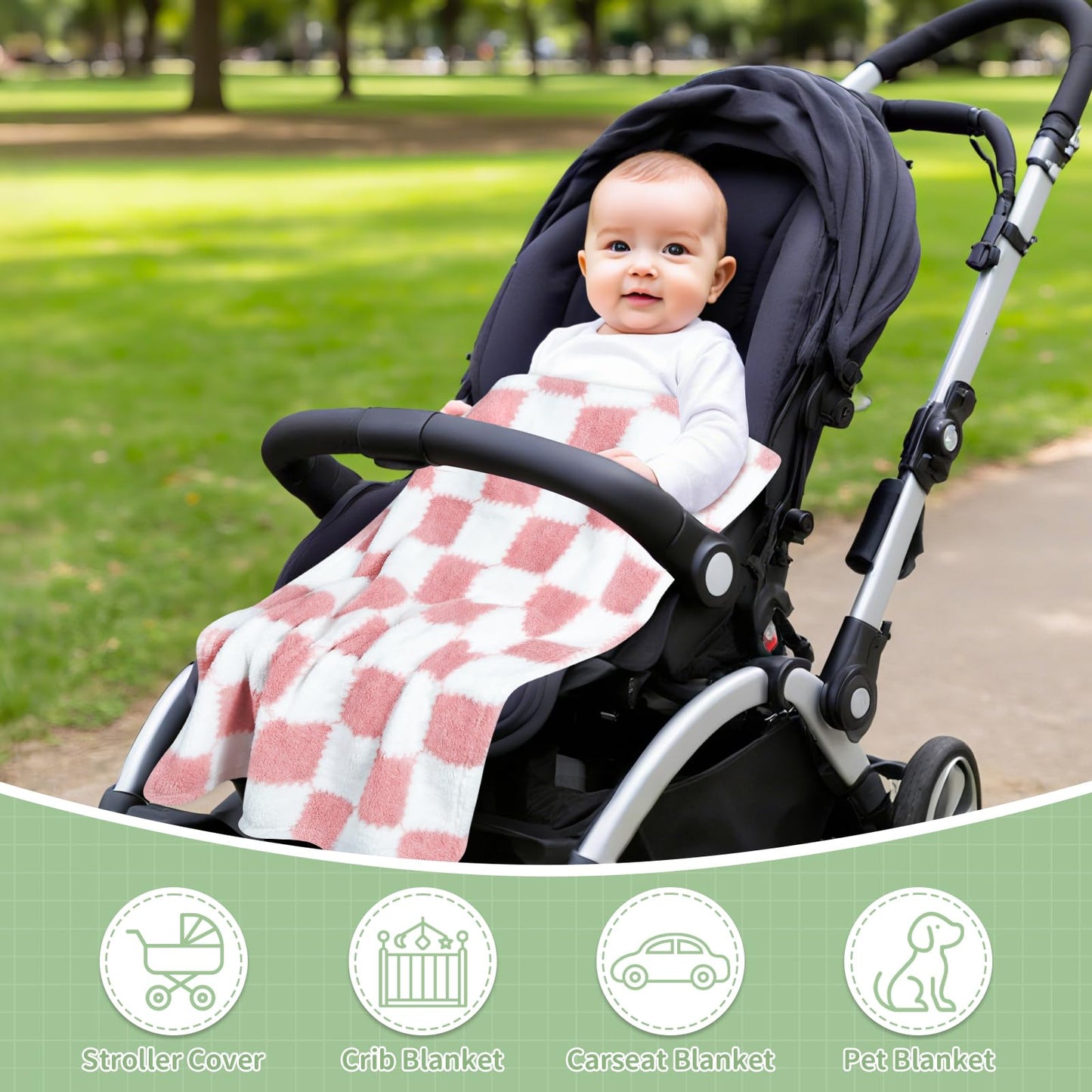 Checkered Baby Blanket for Girls, 2 Pack Soft Baby Girl Blankets, Small 28 x 40 inches Toddler Fleece Blanket, Essentials Crib Stroller Items, Newborn Gift (Pink)