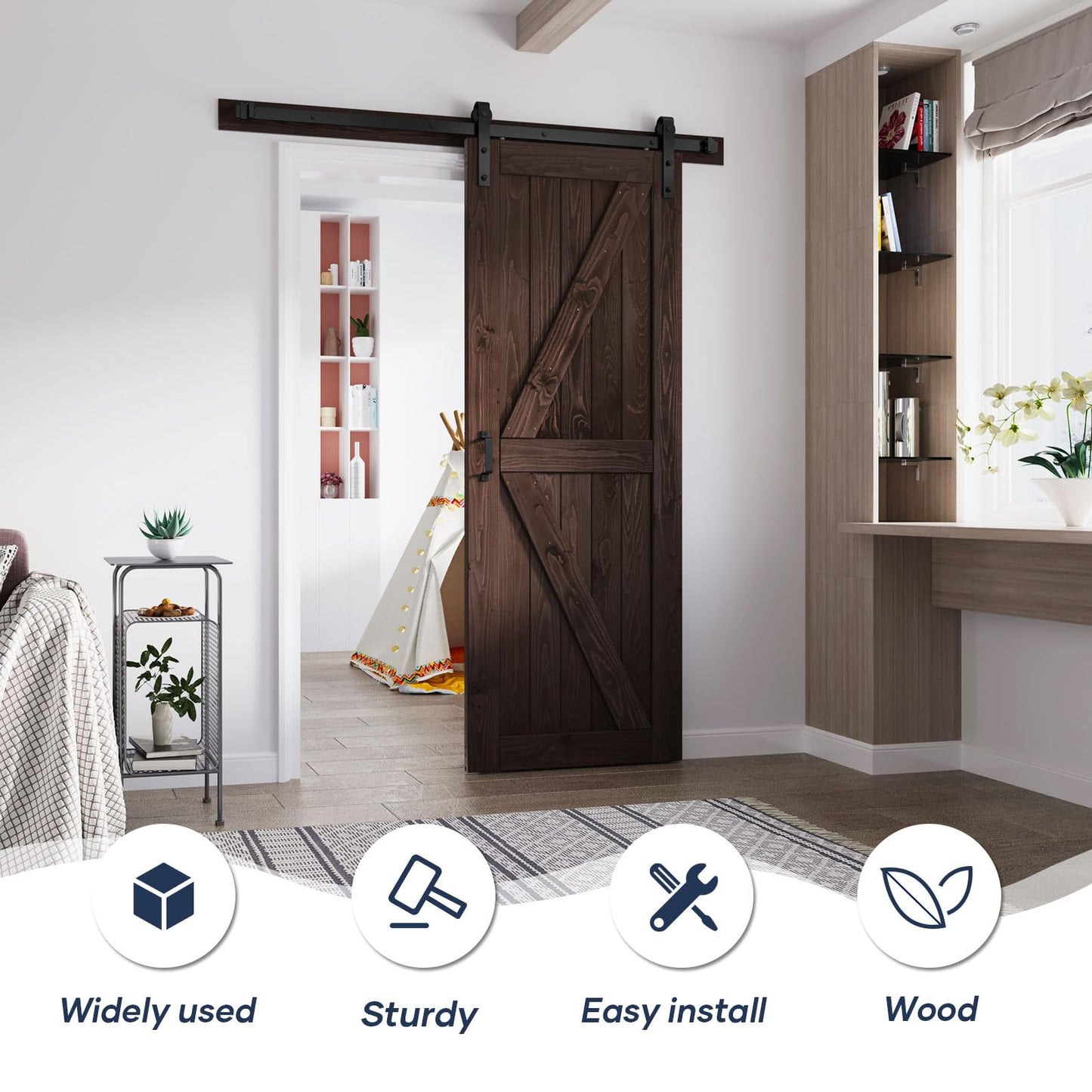 FREDBECK 32in x 80in Brown Wood Barn Door with 5.5ft Barn Door Hardware Track Kit Included, Double Surfaces,Simple Assembly is Required,K-Frame,Coffee