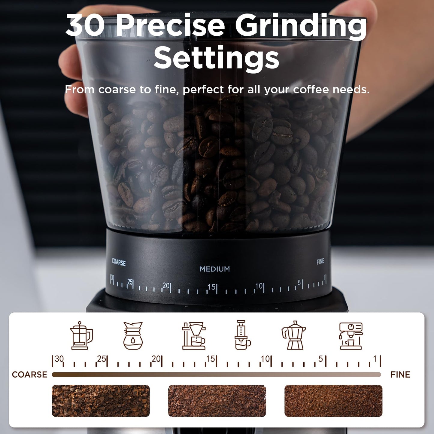 Ollygrin Burr Coffee Grinder, Electric Conical Coffee Bean Grinder With 30 Adjustable Grind Settings For 2-12 Cups, Sliver & Black