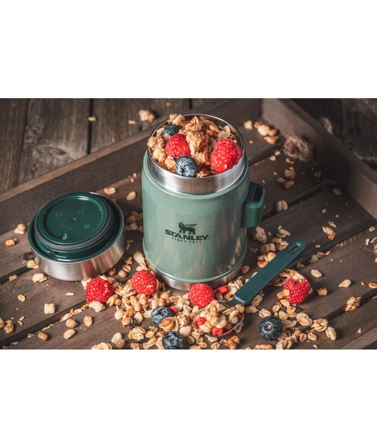 STANLEY Classic Food Jar and Spork 14 oz | Vacuum Insulated Food Container | Wide Mouth Screw On Lid | Packable for Travel | Stainless Steel with Leakproof Lid | BPA-Free | Hammertone Green