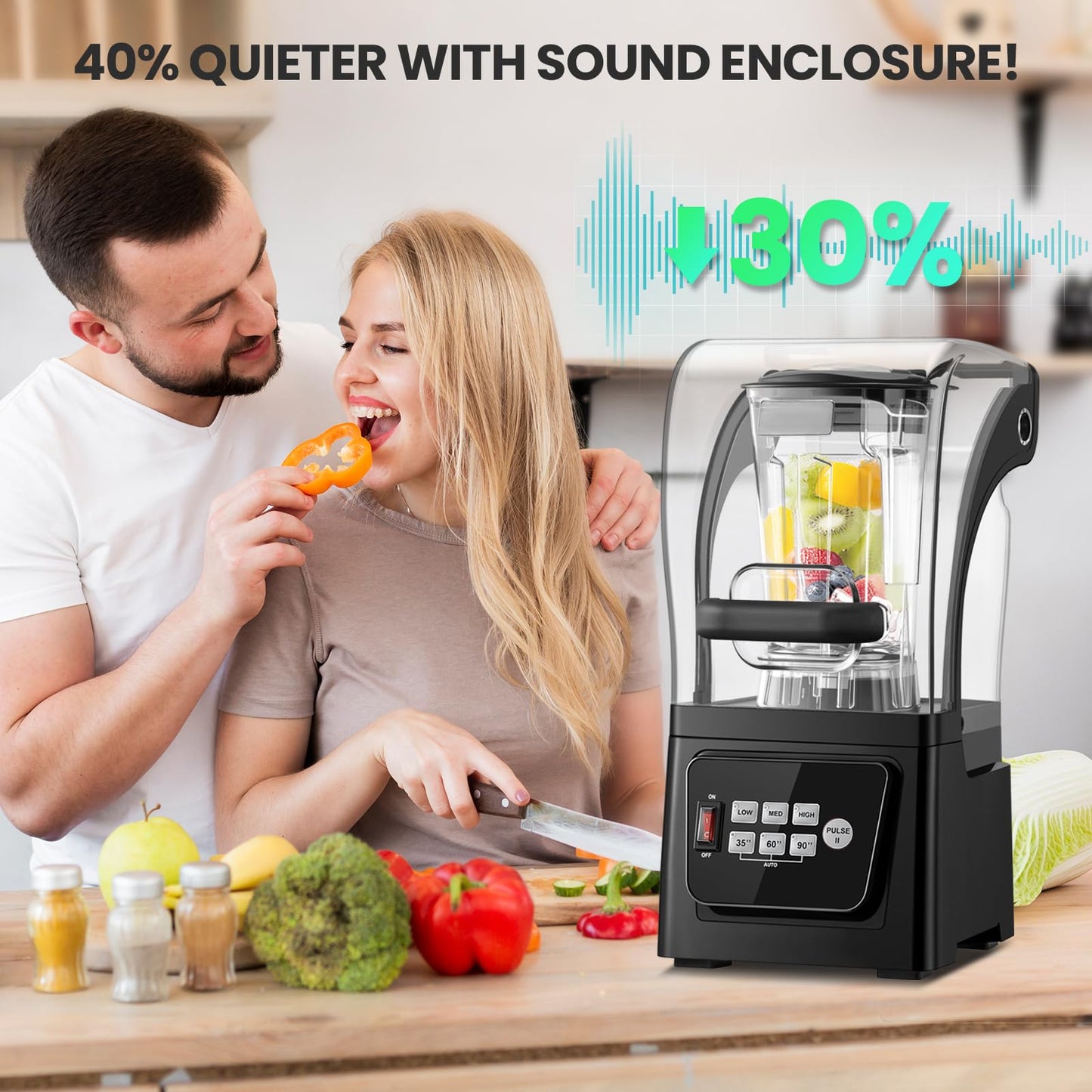 Huanyu Commercial Blender 2L 68OZ 2200W Quiet Professional Blenders with Sound Enclosure for Smoothies with Self-Cleaning Function Black
