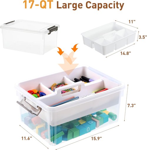 Citylife 17 QT Clear Plastic Storage Bin - Stackable Latching Box with Removable Tray | Orange for Organizing Tools & Crafts