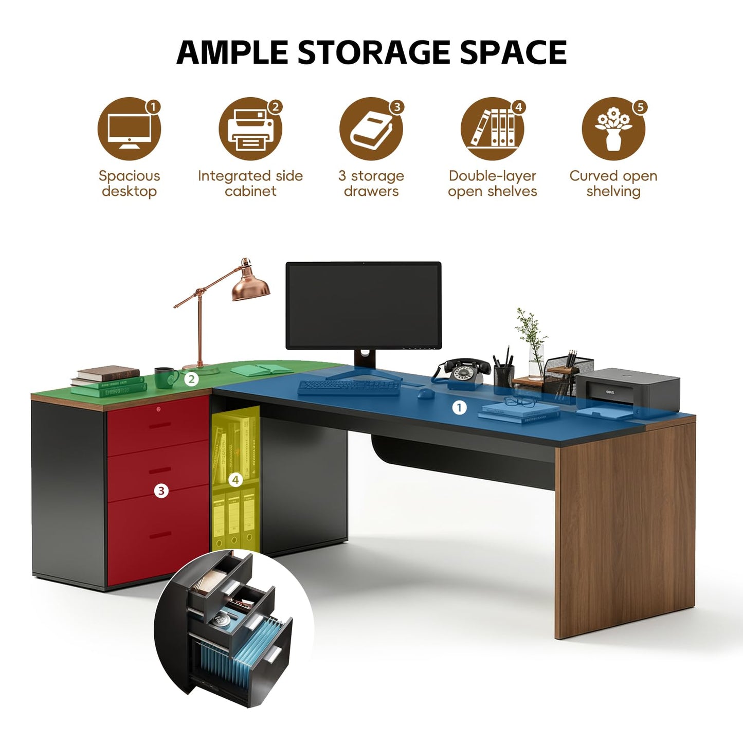 SimpArt Executive L-Shaped Office Desk with Storage Shelves, Modern Executive Desk with Curved Edge, Large Workstation Desk for Home Office, Business Office Furniture