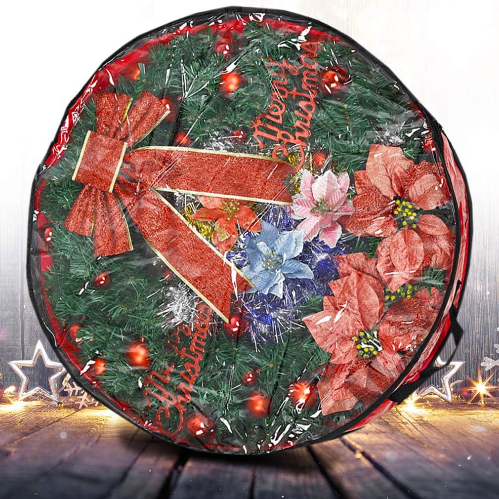 Propik Christmas Wreath Storage Bag - Tear Resistant Holiday Container with Clear Window | 30" X 30" X 8" (Red)