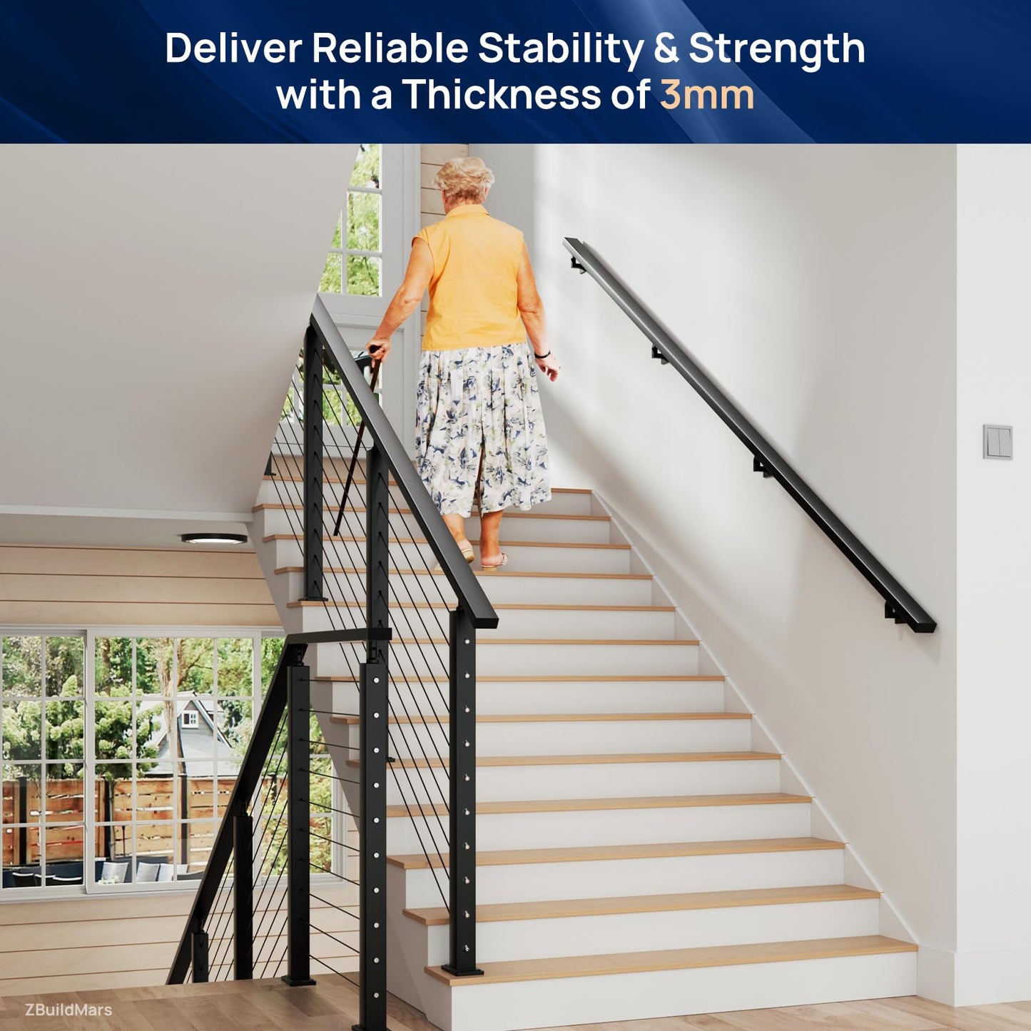 2 Pack 9FTx 2-3/8"x1-3/16 Aluminum Black Handrail with Self Drilling Screws Nylon End Caps, AAMA 2604 Coating, 3mm Thick Flat Handrail Cuttable Top Rail for Deck Stair Railing Indoor Outdoor