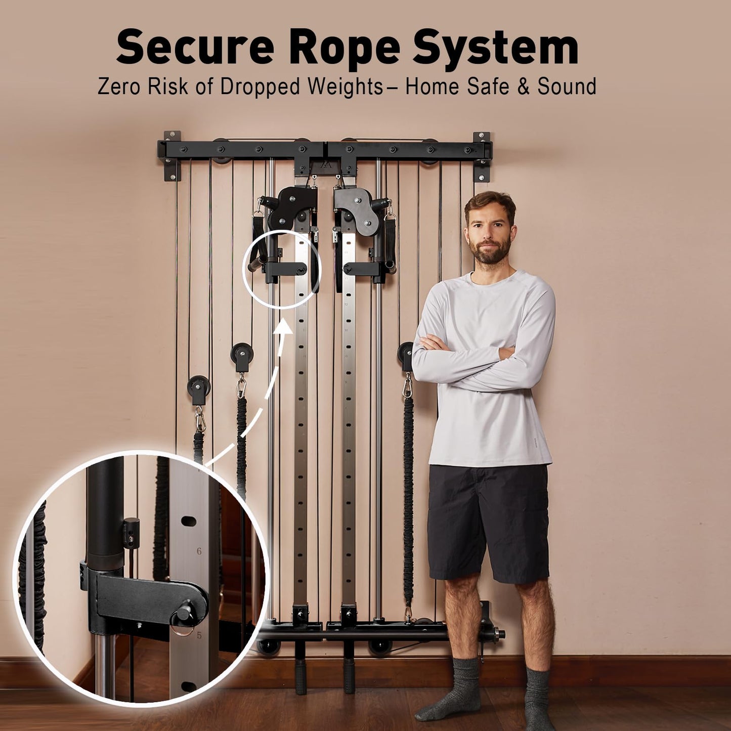 DUORAN Wall-Mounted Folding Smith Machine Home Gym, All-in-One Compact Power Cage & Cable Pulley Trainer with 200–398LB Dual-User Resistance Band System for Home, Garage, Basement Fitness （Black）