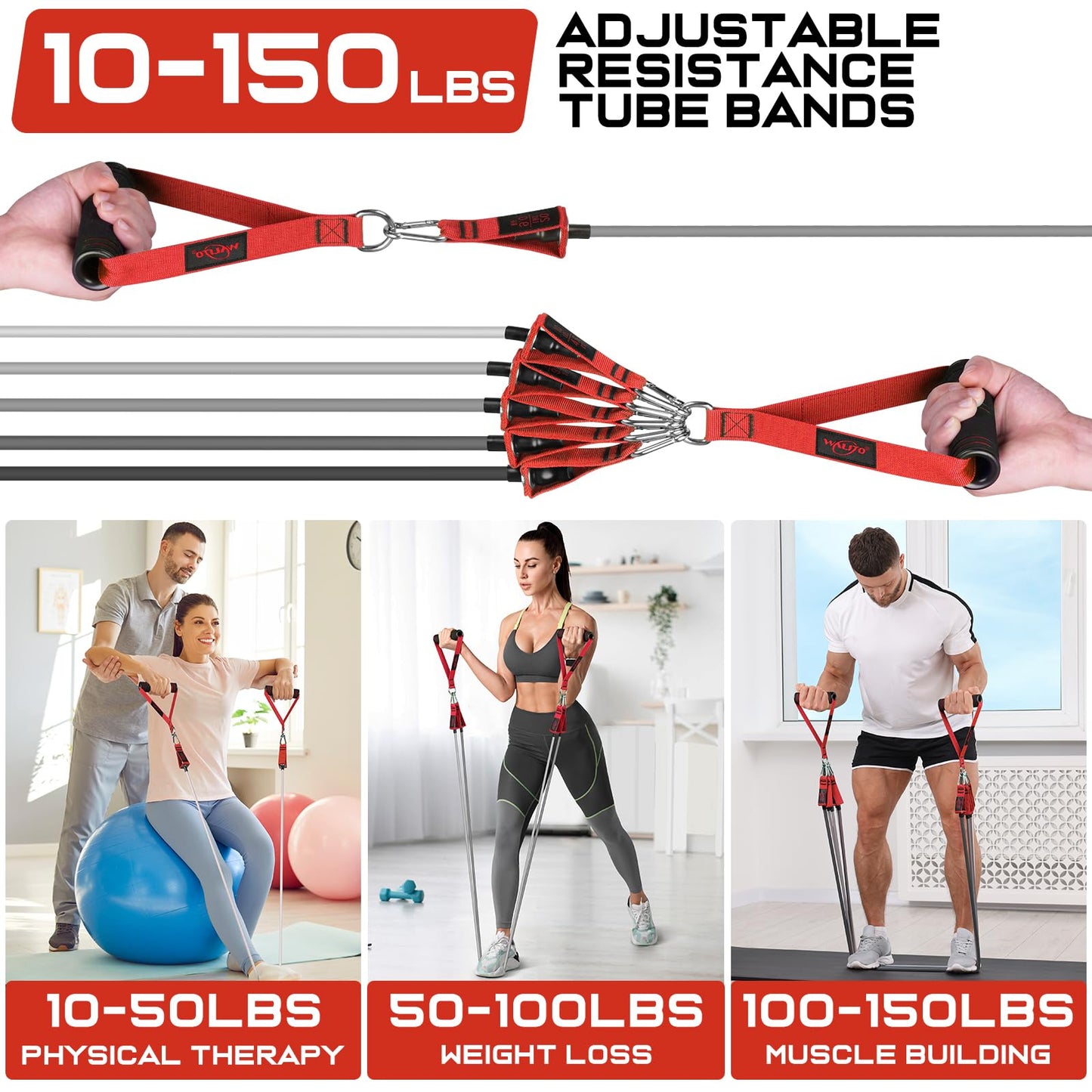 WALITO Resistance Bands Set - Exercise Bands with Handles, Door Anchor, Legs Ankle Straps, for Heavy Resistance Training, Physical Therapy, Muscle Training, Yoga, Home Workouts, Gym (Red 150Lbs)