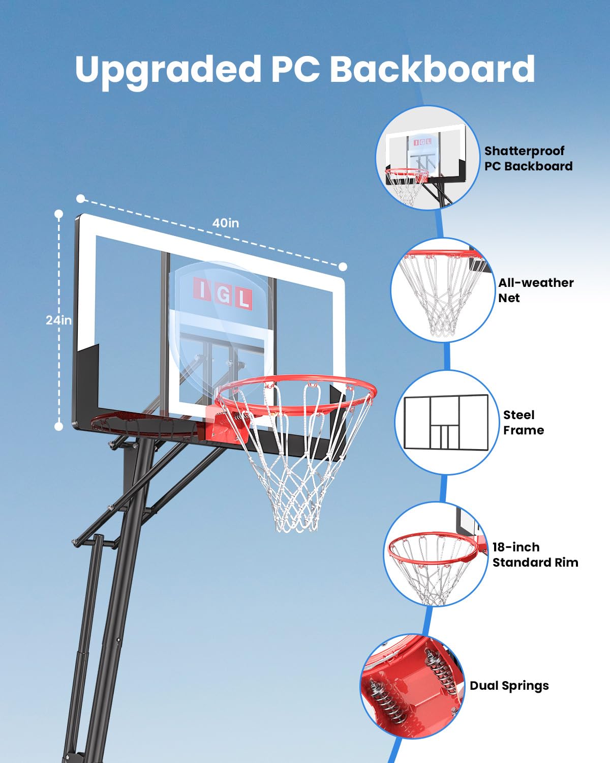 IGL Portable Basketball Hoop 10ft Adjustable, Sturdy Outdoor Basketball Goal System with 40" Shatterproof Backboard & Large Base, Rolls Easily for Kids, Teens & Adults, Backyard Driveway