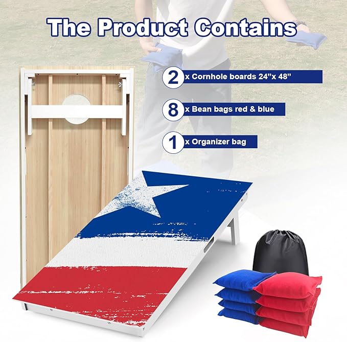 Cornhole Boards Set - Regulation Size 4x2/3x2ft Solid Wood Corn Hole Game Set with 8 Bean Bags and 2 Cornhole Boards - Perfect for Outdoor Game