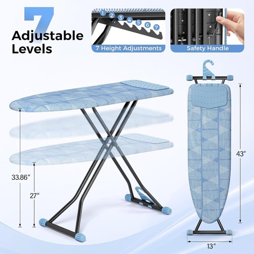 KINGBOARD Compact Ironing Board - Adjustable Height, Heat Resistant Cover, Foldable Design | 13x43 Blue
