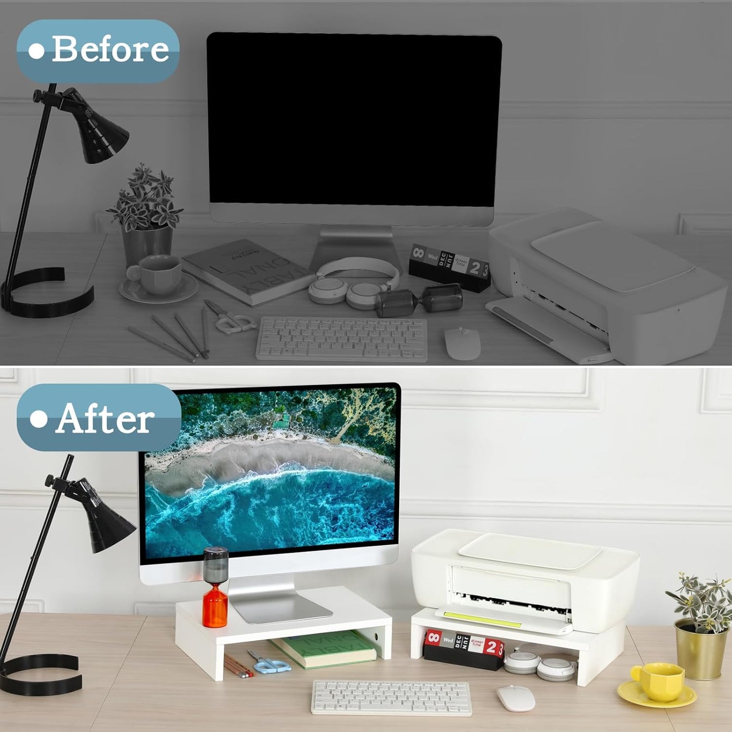 2 Pack, 2 TEAMIX White Monitor Stand Riser - Wood Tier Adjustable Dual Monitor Riser for Laptop/PC Computer Stand