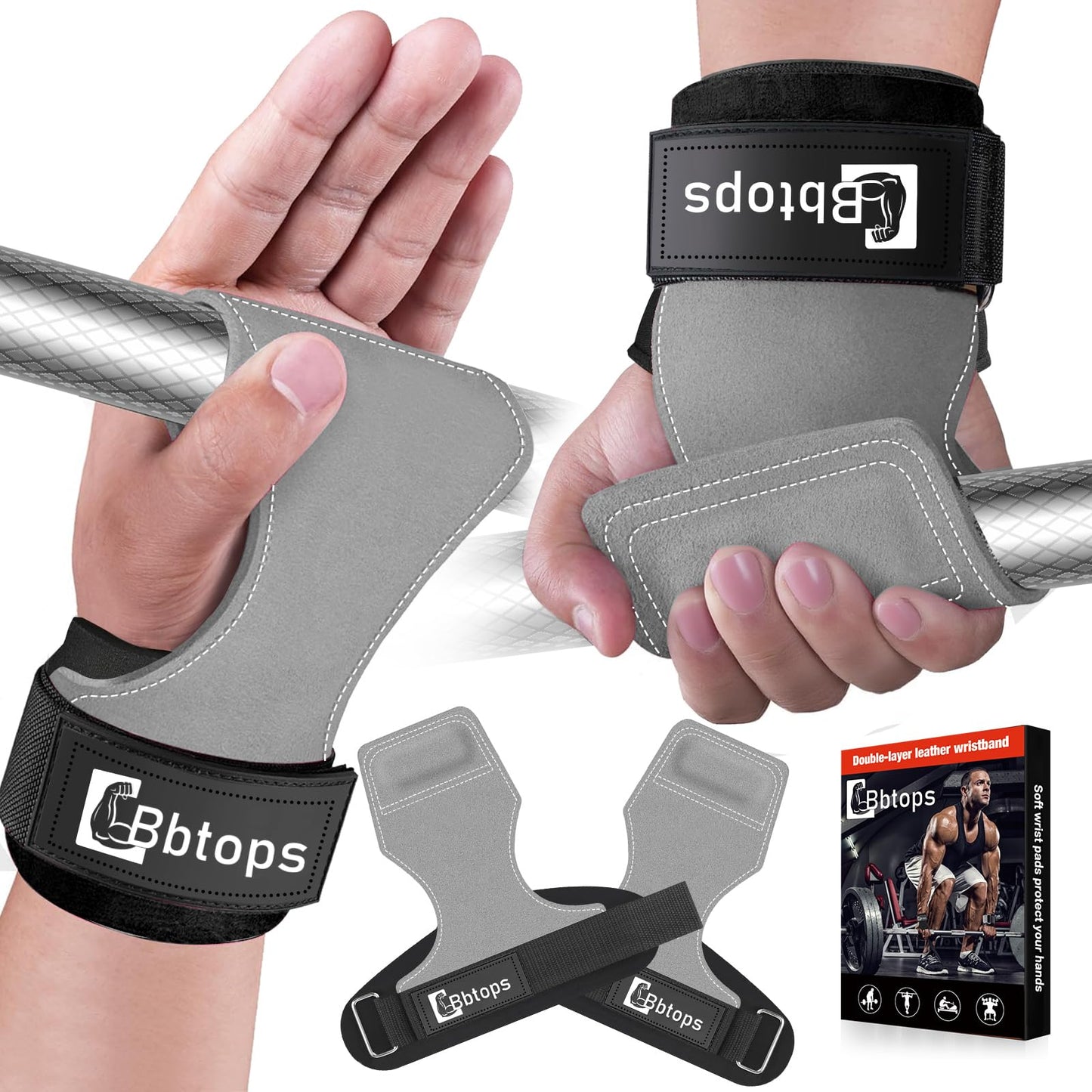 Weight Lifting Wrist Strap, Double-Layer Leather Wrist Straps for Gym Strength Training Weightlifting,Deadlift and Powerlifting, Enhance Grip Strength Neoprene Padding Gym Workout Lifting Straps for Men & Women (Pair) Grey