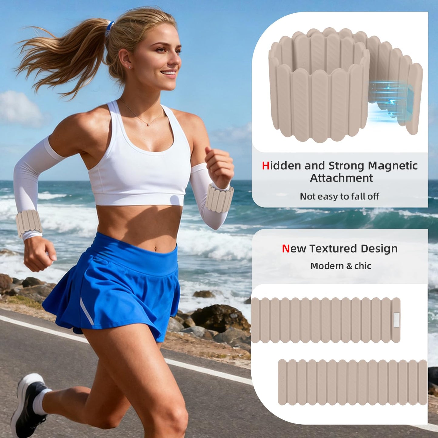 Abahub Wearable Wrist & Ankle Weights Set of 2, Stackable Magnetic Weighted Bracelet for Women, Waterproof Silicone Arm Leg Weights for Home Gym Workout, Walking, Yoga & Pilates - Beige, 2.2LB