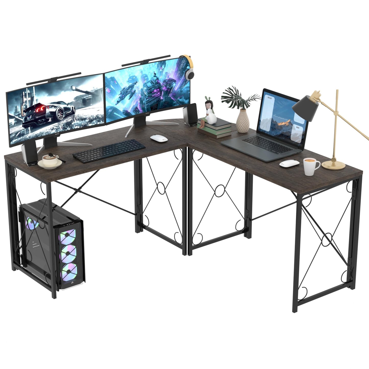 VECELO 59" L Shaped Computer Desk, Corner Computer Desk, Sturdy Home Office Computer Table for Small Space, Writing Desk, Larger Gaming Desk Workstation,Oak Gray