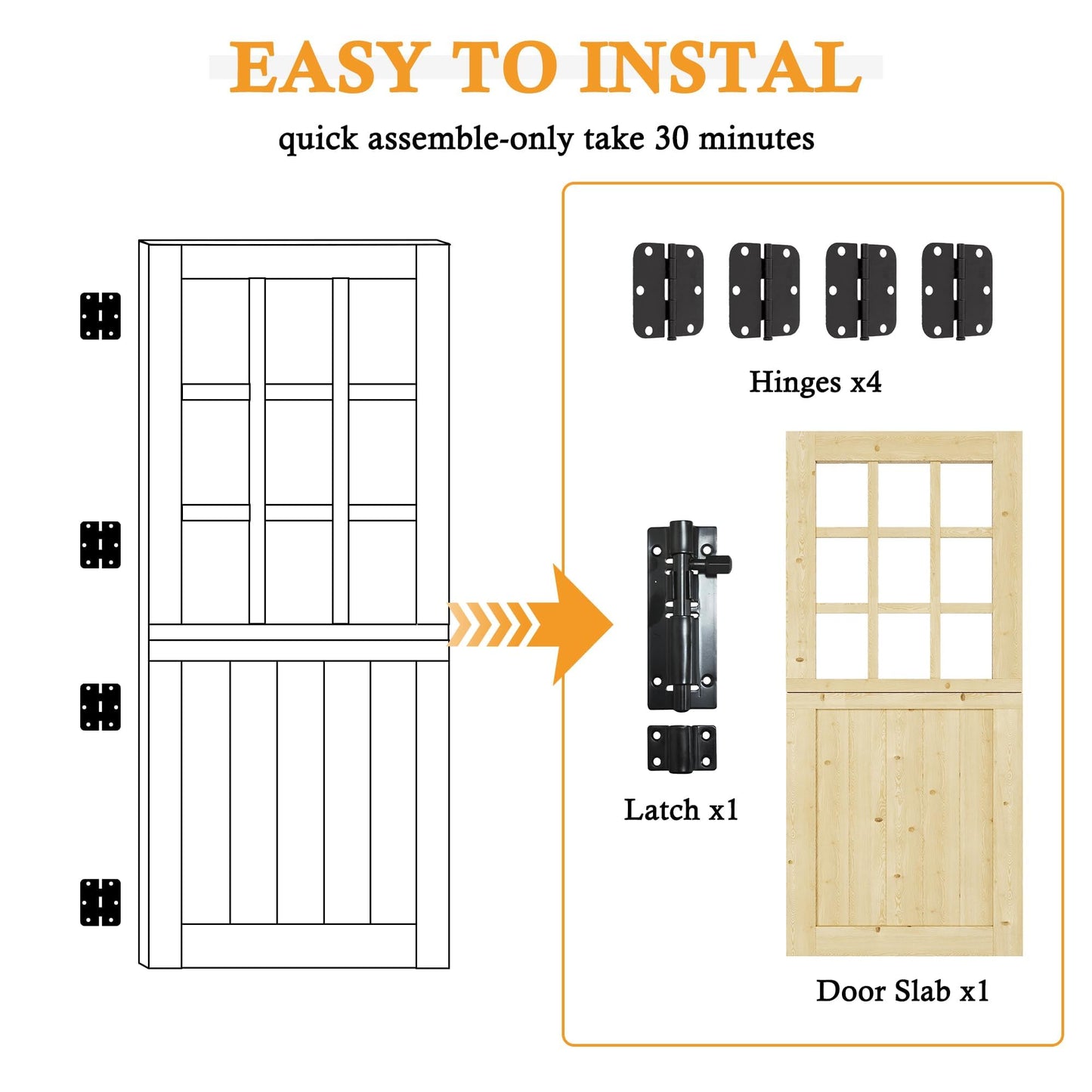 30" x 80" Dutch Door Slab with 9 Lite Tempered Clear Glass, 1.75" Solid Pine Front Entry Interior Door, Ideal for Porch, Backyard, and Exterior Use