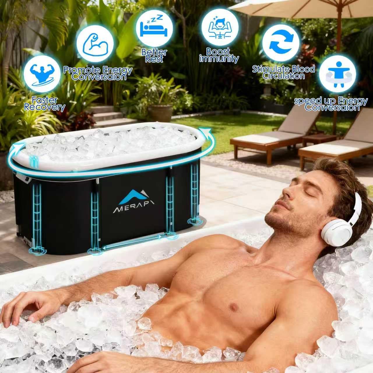 Merapi XL Ice Bath Tub for Adults, 131 Gal Cold Plunge Tub, 46” Large Oval Portable Ice Bath Tub, Foldable Cold Plunge for Home, Backyard & Outdoor Use with Drain & Neck Support