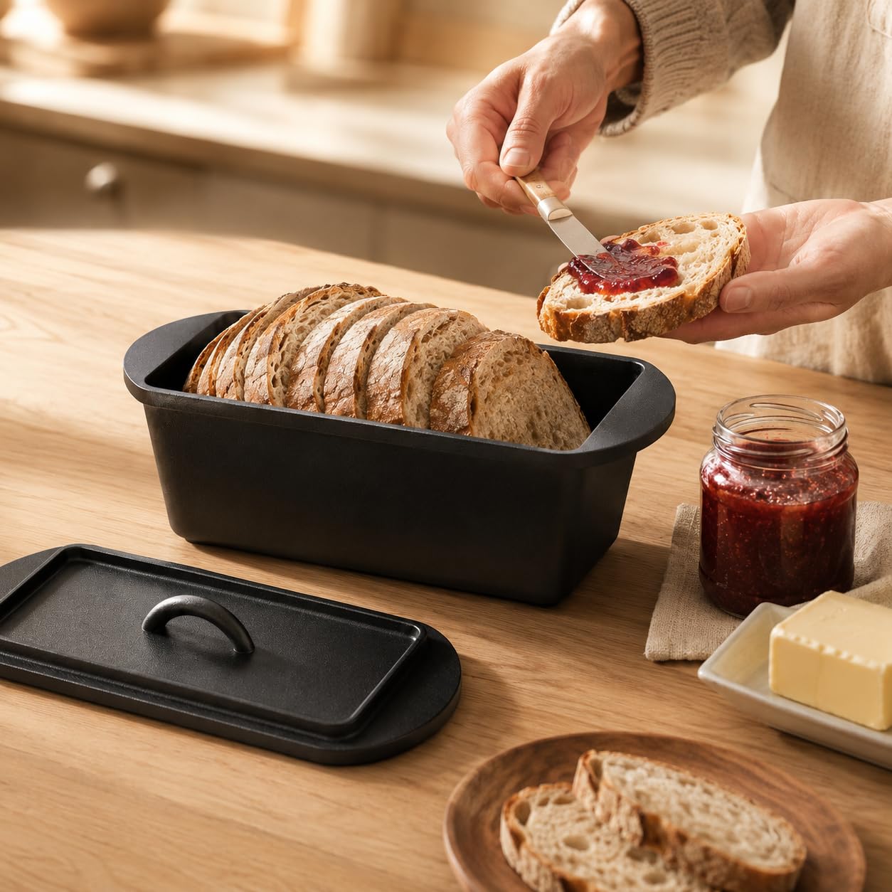 Cast Iron Dutch Oven Bread Loaf Pan with Lid, 14 x 5.5 Inch 3.2QT Pre-Seasoned Pan for Sourdough Baking, Includes Baking Supplies for Homemade Artisan Bread, Heavy Duty with Even Heat Distribution