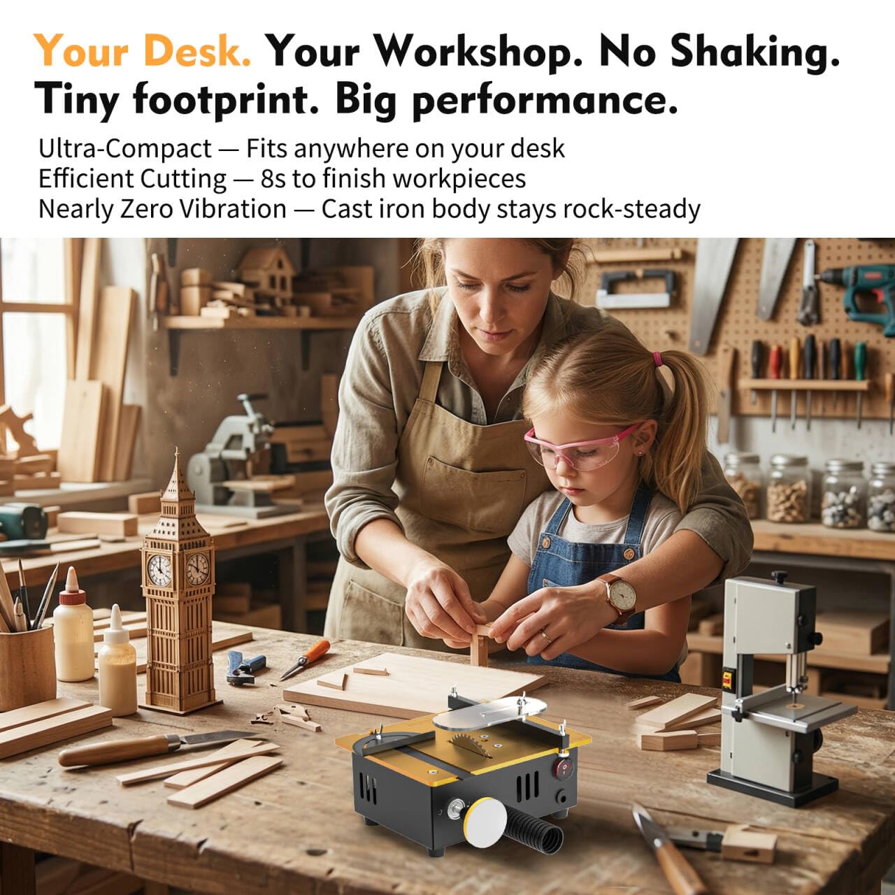 Super Mini Table Saw for Crafts,[Dual Motor & Switches] 7 Speeds MAX 200W Multifunctional Table Saw with 122+ Accessories, Cut/Engrave/Polish/Drill, Compact Design for Model Making, Gift for Creators
