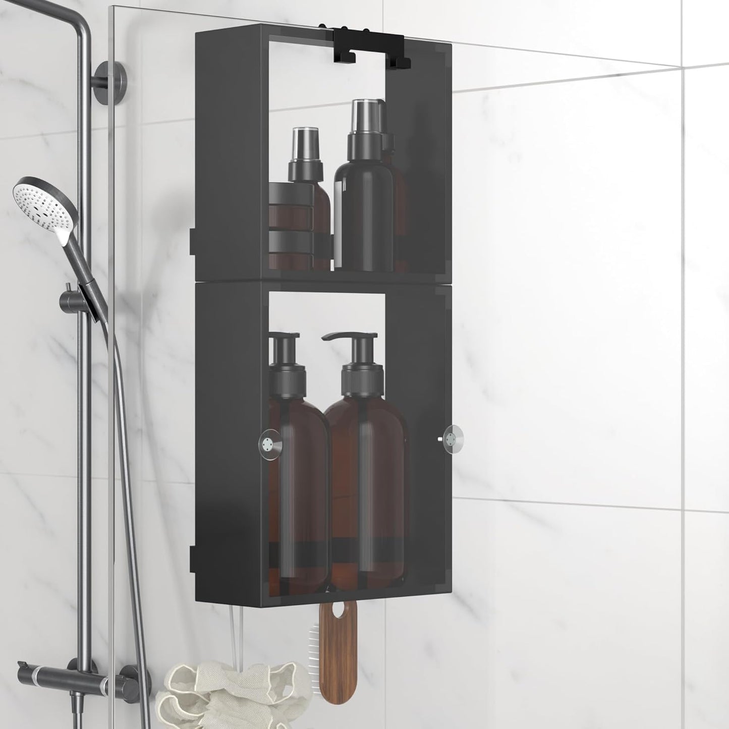 Skiennix Over The Glass Shower Caddy - 2-Tier Rustproof Stainless Steel Organizer with Hooks & Suction Cups | Black