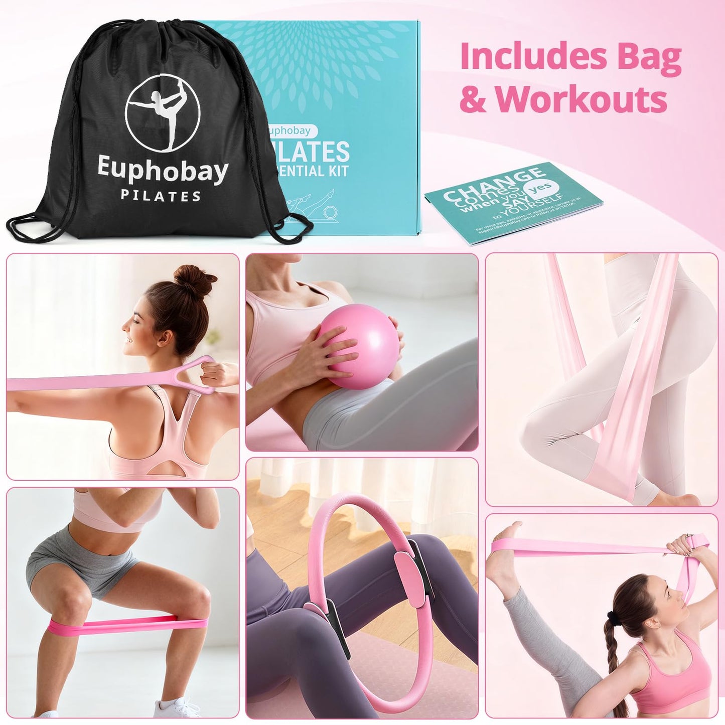 euphobay Pilates Essentials Kit for Women, Home Workout Pilates Kit with Ring, Mini Ball, Resistance Bands, Yoga Strap & More, Beginner Pilates Starter Kit for Toning, Strength & Flexibility