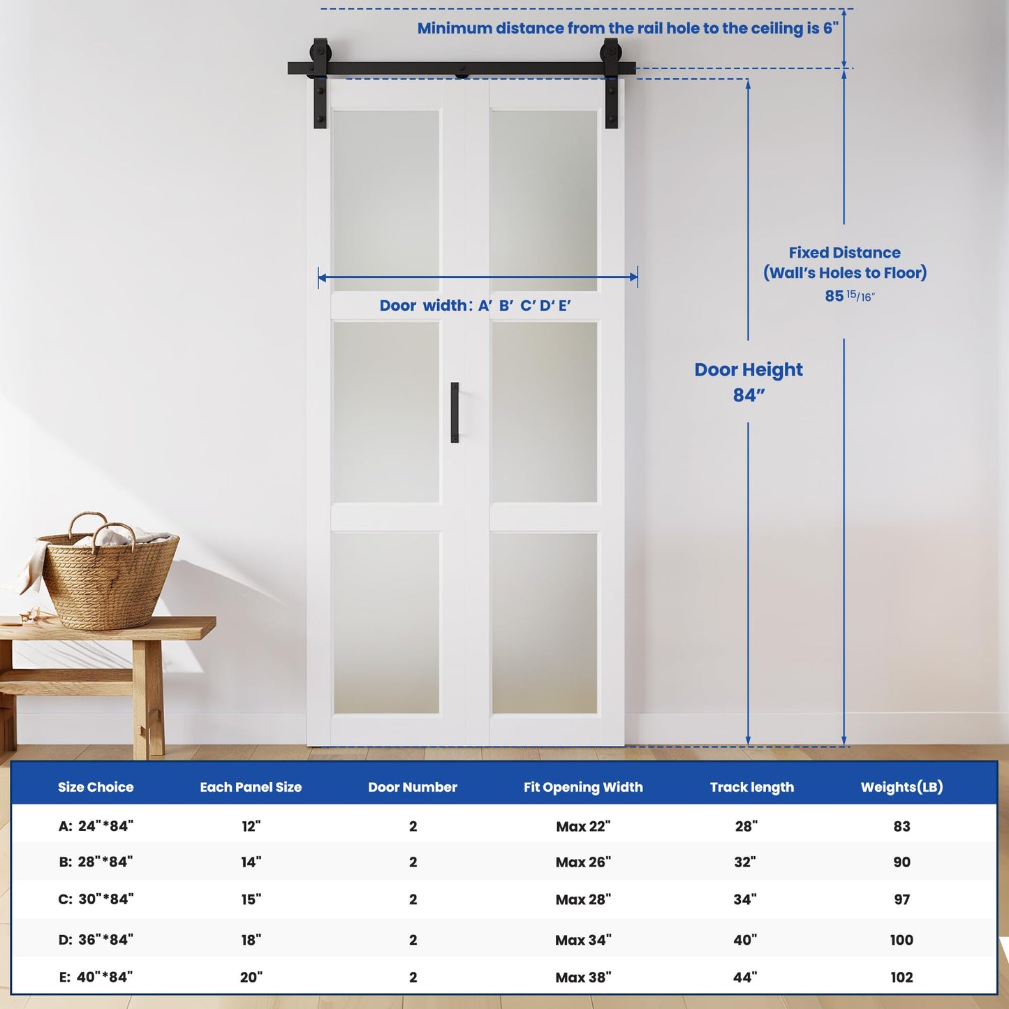 SMARTSTANDARD 30in x 84in Bifold Barn Door, Frosted Glass Barn Door with Hardware Kit Included, Pre-Drilled Holes Easy Assembly -Solid Barn Doors Slab Covered with Water-Proof PVC Surface, White