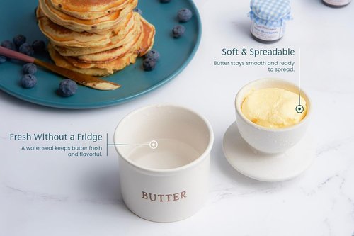 Kook Butter Keeper Dish - French Ceramic Crock with Lid for Soft Butter | Matte Oatmeal, Perfect Gift for Home Decor