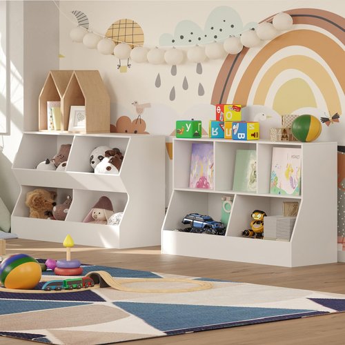 DINZI LVJ Toy Storage Organizer, Kids Bookshelf, Wood Toy Storage Cabinet, 5 Cubby Children Bookcase, 43.3" L Toddler Book Shelf for Playroom, Living Room, Nursery, Hallway, School, White