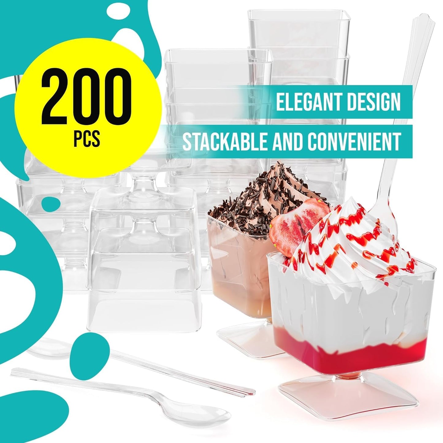 Exquisite Mini Dessert Cups With Spoons 200 Pcs - 2 Oz Square Clear Plastic Pudding Cups Disposable With Tasting Spoons 100 Sets | Mini Parfait Cup | Appetizer Cup For Party & Events