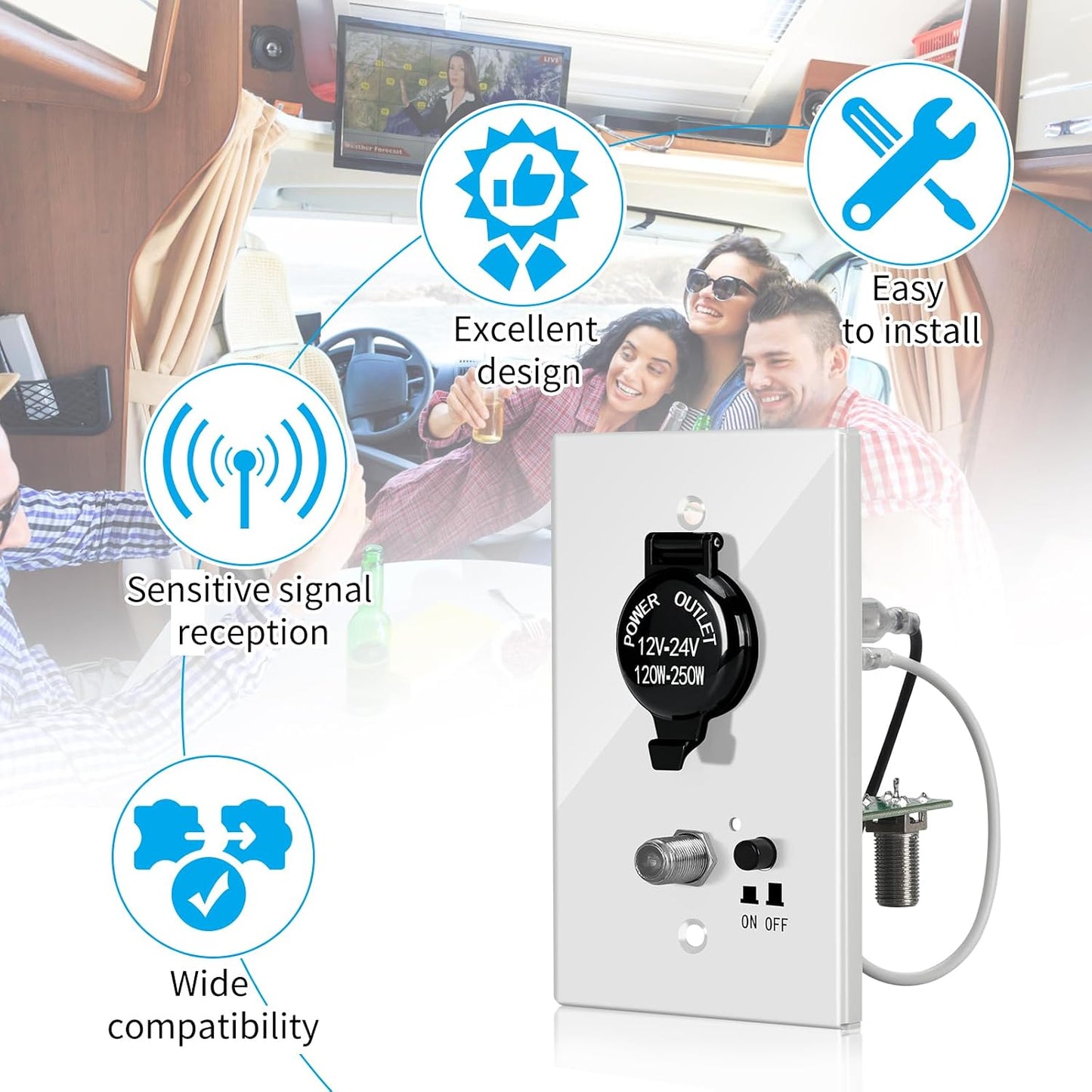 briidea RV TV Antenna Panel, Motorhome TV Antenna Control Panel with a Cigarette Lighter Socket, Dual Separator for The