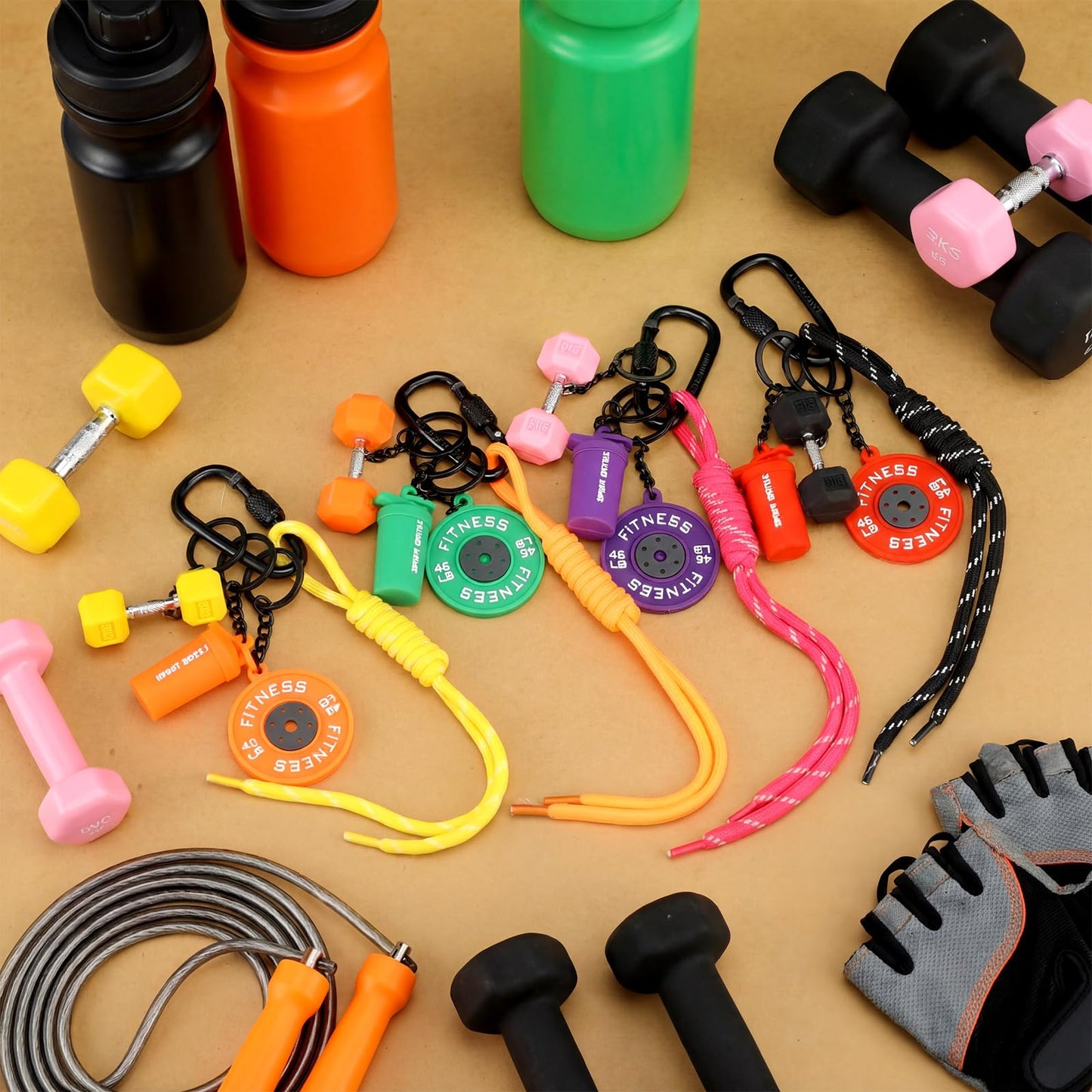 Nosiny 4 Pcs Gym Keychains Dumbbell Weights Keychain Set Gym Bag Purse Charms Fitness Accessories for Women and Men, Cute Car Key Chains for Backpack Purse Water Bottles Workout Gifts