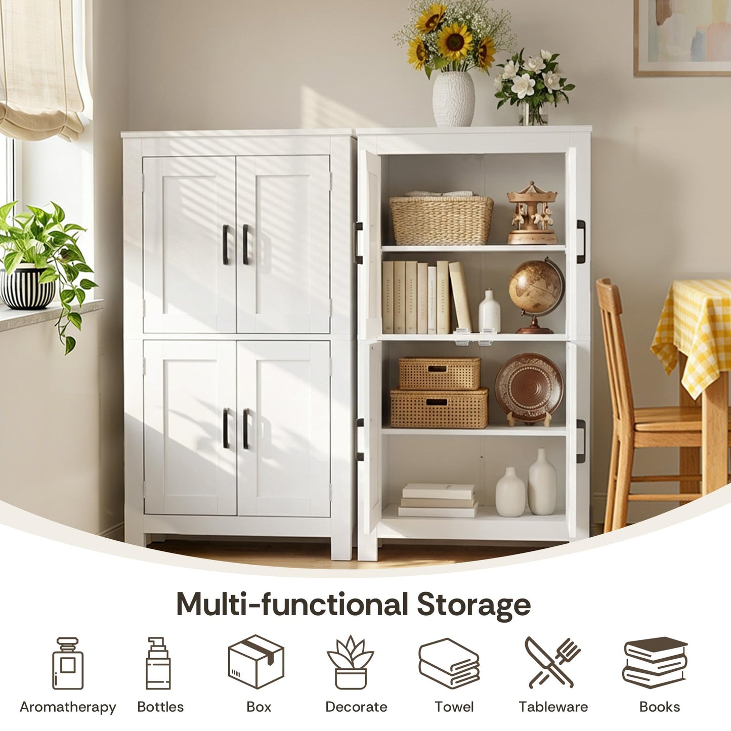 VUSIGN Wooden Bathroom Storage Cabinet, Floor Organizer with 4 Doors and Adjustable Shelves, Freestanding Storage Cabinet for Kitchen Living Room, Dining Room, Entryway, White
