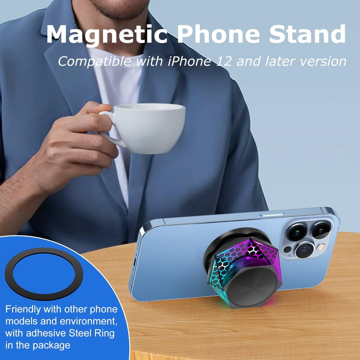 EGKimBa Magnetic Diamond Bluetooth Speaker, Small Wireless Speaker with Multi RGB Color Light Show, Portable Phone