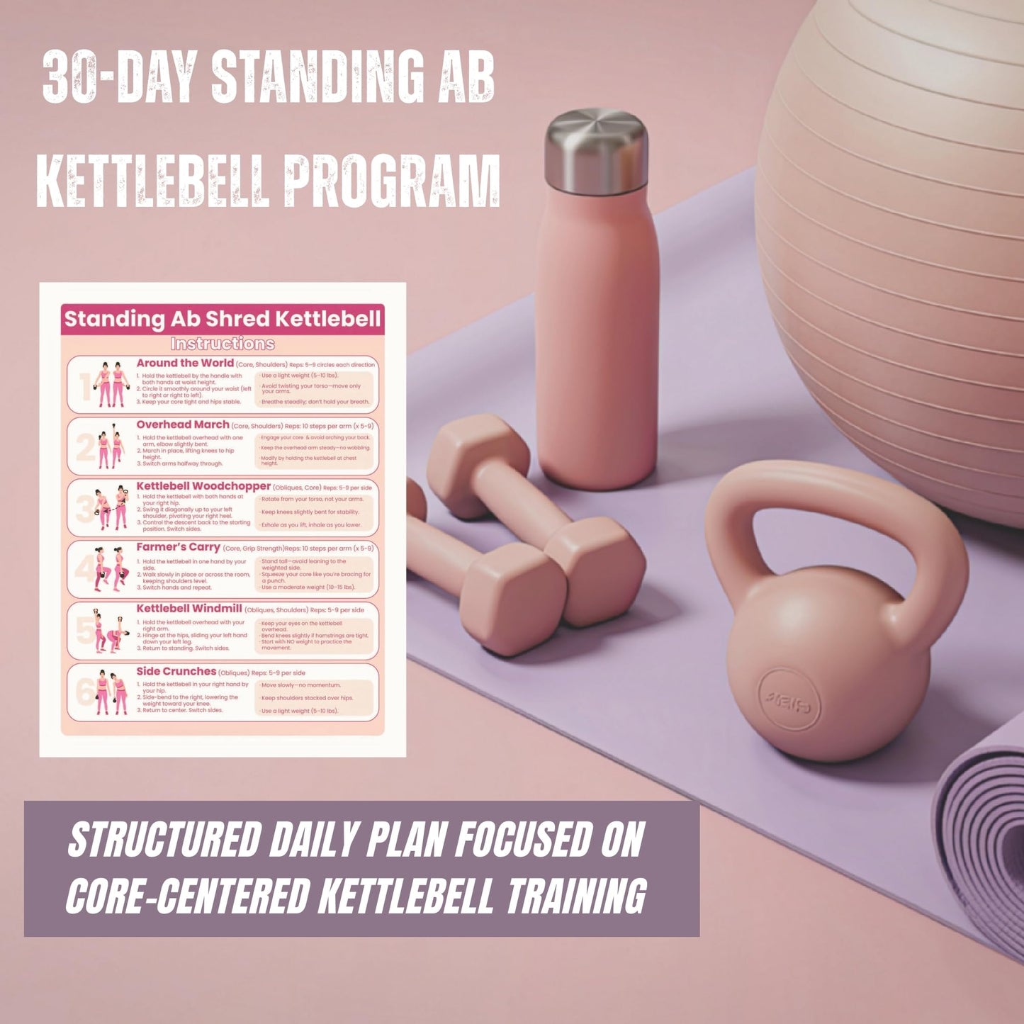 Auroscent 30-Day Standing Ab Kettlebell Workout Plan – Core Training Program, Exercise Charts, No Floor Ab Routine for Home Gym, Step-by-Step Guides + Workout Schedule