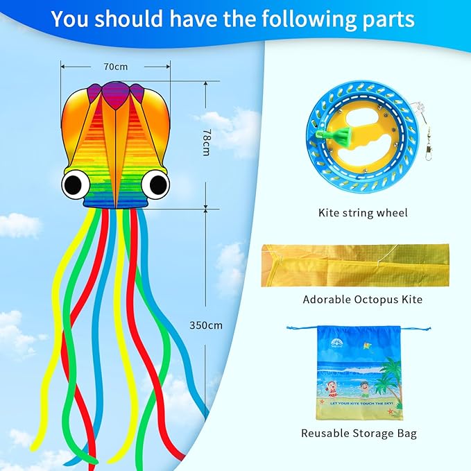Xida Octopus Kite for Kids Ages 4-8, Professional Kites for Beginners and Adults, Easy to Fly Beach Kites for Boys and Girls, Long Colorful Tail with 200ft Line, Large Kite for Outdoor Family Games