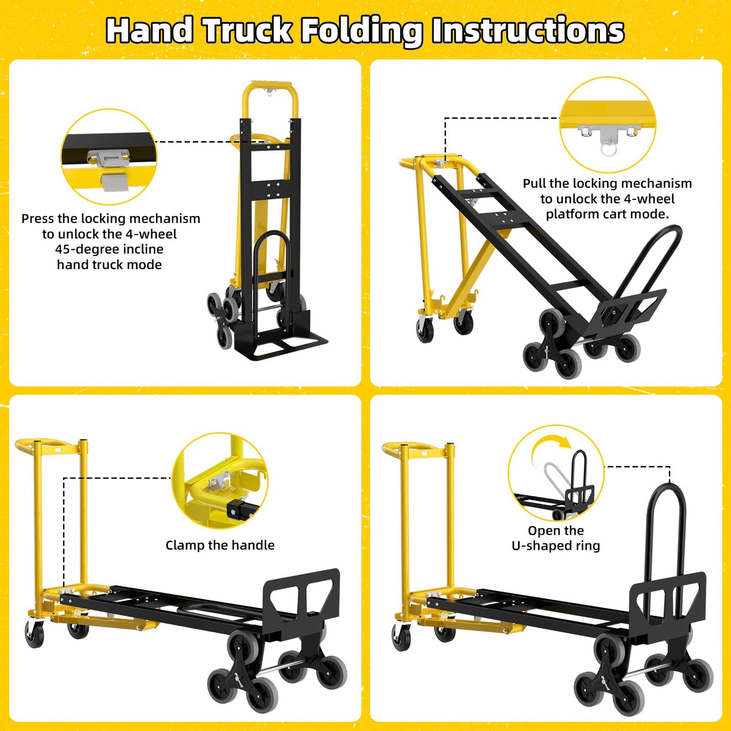 4 in 1 Convertible Hand Truck Dolly Cart with Wheels, 1000Lbs Capacity, Heavy Duty Stair Climbing Hand Trucks with Bungee Cord & Strap for Flat Ground & Stairs, Logistics, Home, Office, Yellow