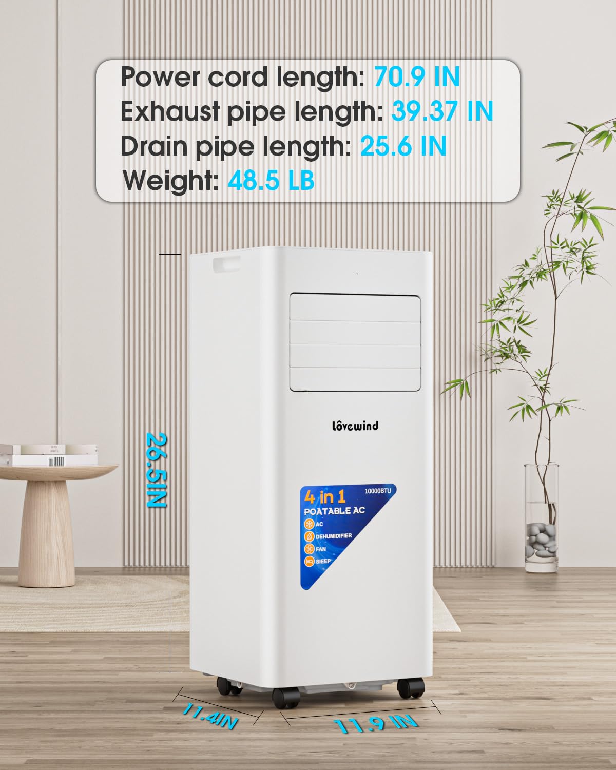 Lovewind 10000 BTU Portable Air Conditioners, Cool Up to 450 Sq.Ft, 4 IN 1 Quiet Portable AC Unit with Remote Control, Dehumidifier & Fan Modes, LED Display, 24H Timer, Installation Kits, White