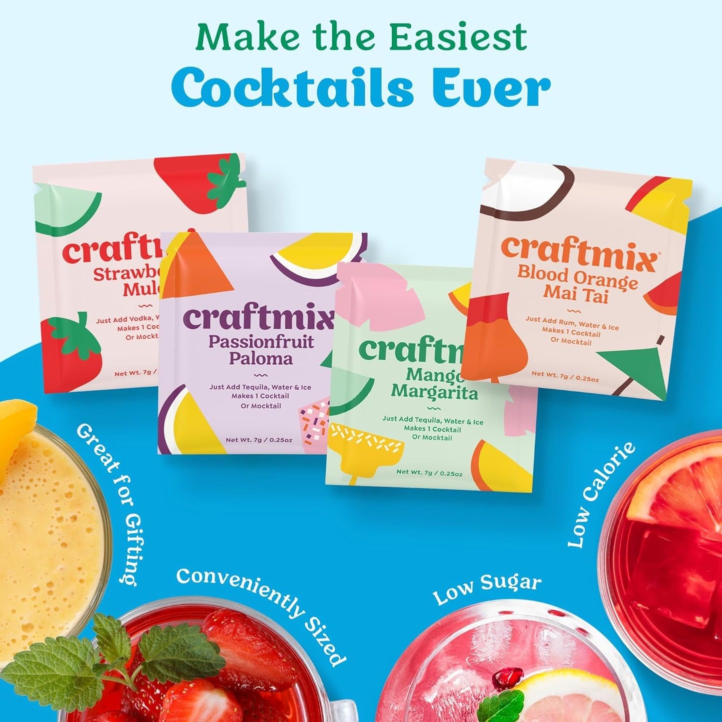 Craftmix Variety Pack Cocktail & Mocktail Drink Mixer, Skinny Mixes - Water Flavoring Packets - Made With Real Fruit - Vegan Low-Carb, Low-Sugar, Non-GMO, Dairy Free, Gluten Free, 24 Pack