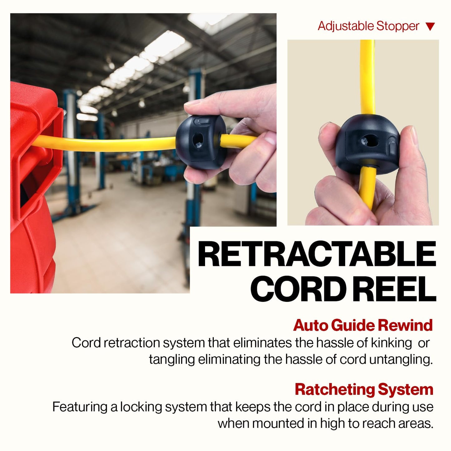 ReelWorks Extension Cord Reel Retractable 12AWG x 65' Foot 3C/SJT Heavy Duty Commercial Cable Triple Tap Connector Power 15A 125VAC 1875W