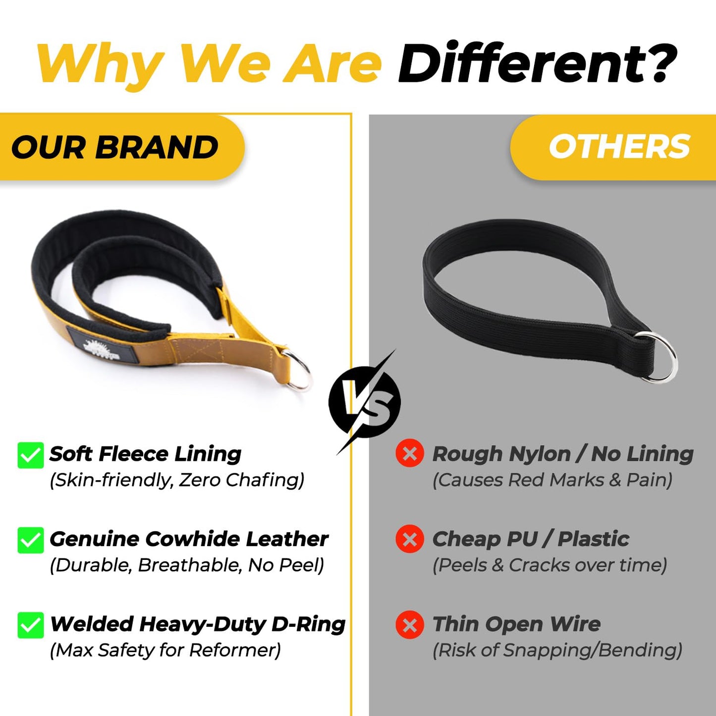 Lights Mountain Leather Pilates Double Loop D-Ring Straps - Soft Fleece Lined for Reformer, Dual Loops for Hands & Legs, Home & Studio Gym Accessories